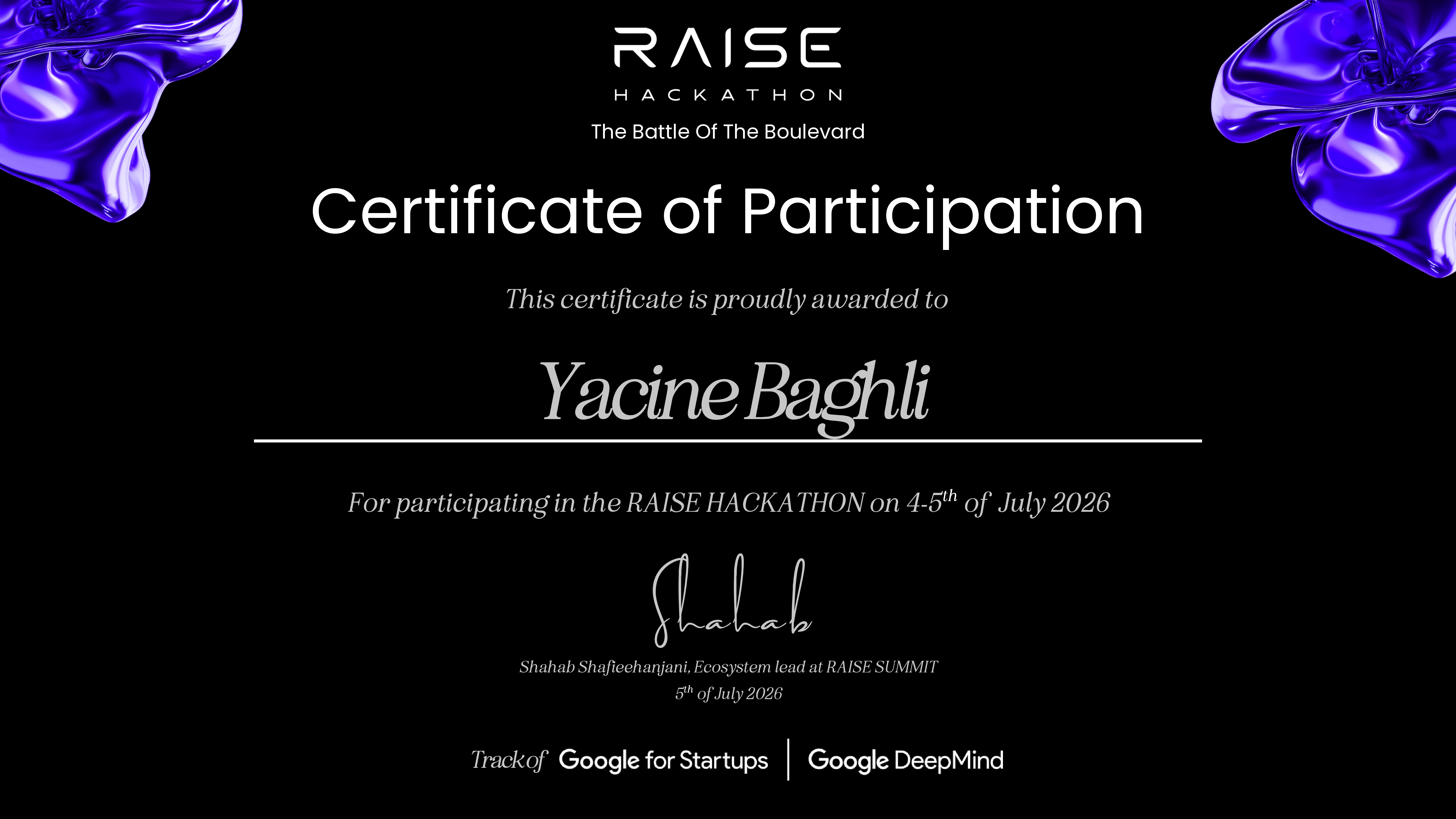 RAISE Hackathon Certificate — Google DeepMind Track